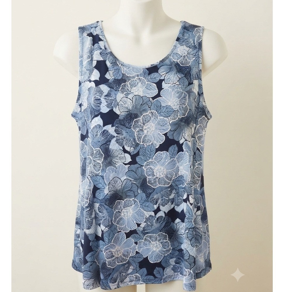 Westport Womens Cottagecore Grandmacore Blue Floral Sleeveless Tank Blouse 1X